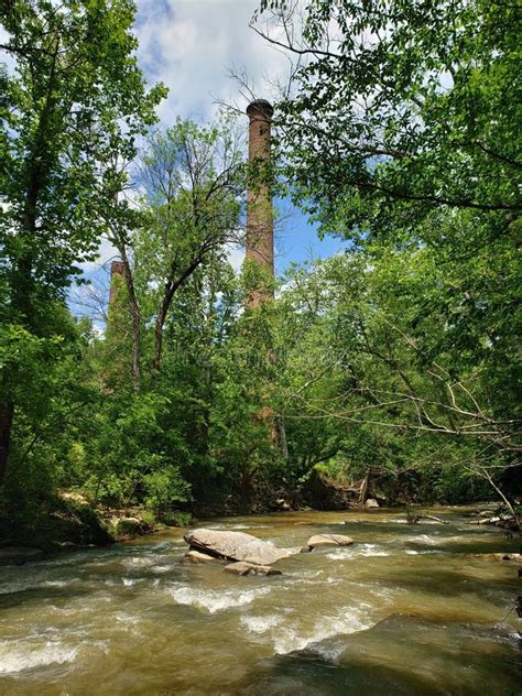 Long Shot Of A Tower Hidden Behind Some Greens Next To A Lake Stock