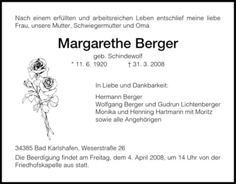 Traueranzeigen Von Margarethe Berger Trauer HNA De