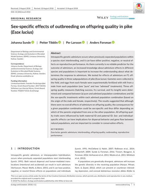 PDF Sex Specific Effects Of Outbreeding On Offspring Quality In Pike Esox Lucius