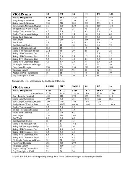 Violin and Viola Sizes Chart Download Printable PDF | Templateroller