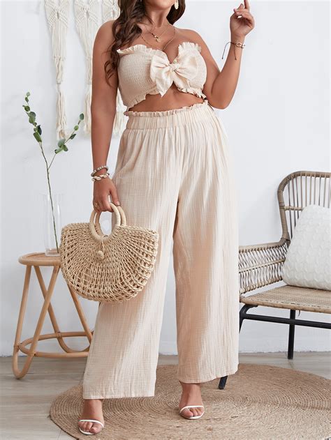 Shein Vcay Plus Frill Trim Knot Front Tube Top Wide Leg Trousers