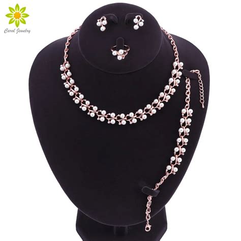 Classic Imitation Pearl Necklace Rose Gold Color Jewelry Set For Women