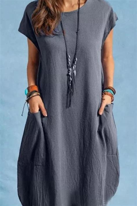 Casual Crew Neck Short Sleeve Pocket Cotton Linen Midi Dress Cherieday