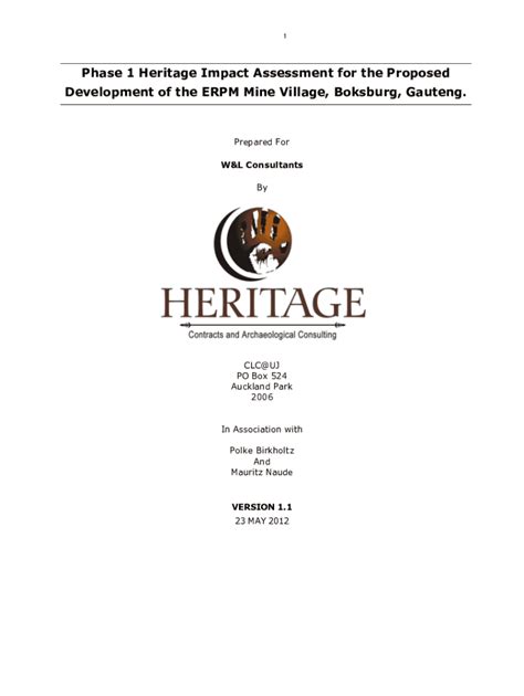 Fillable Online Phase 1 Heritage Impact Assessment Erpm Mine Village Fax Email Print Pdffiller