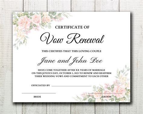 Vows Renewal Certificate Editable Vows Template Wedding Vow Template