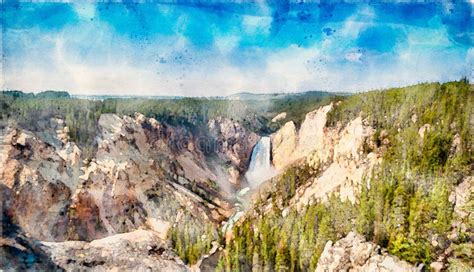 Digitally Created Watercolor Painting Of A Panoramic Of Lower Falls In