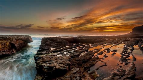 Sunlight Landscape Sunset Sea Bay Rock Nature Shore Reflection