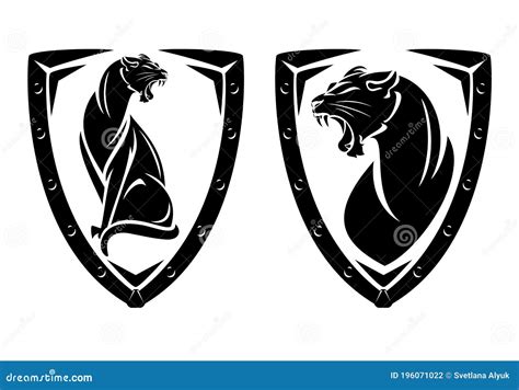 Black And White Vector Design Of Heraldic Shield With Wild Panther