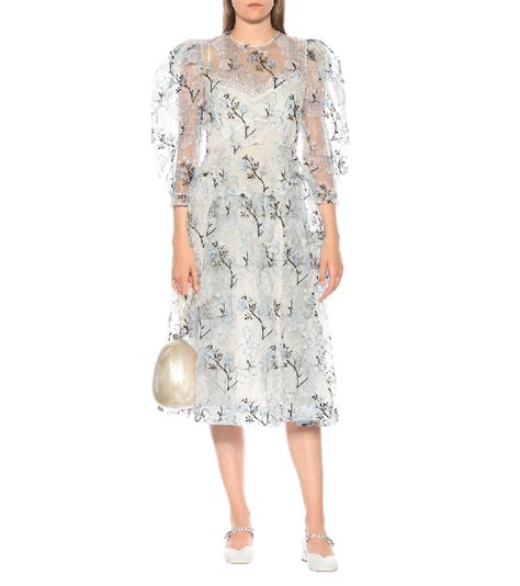 Simone Rocha Embroidered Puff Sleeve Tulle Midi Dress In Floral