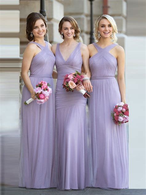 B1002 2018 A Line Lavender Straps Long Tulle Bridesmaid Dresses Pleat