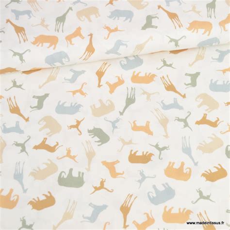 Tissu popeline motifs animaux de la Savane fond blanc cassé Oeko tex