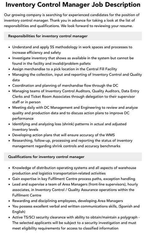 Inventory Control Manager Job Description Velvet Jobs