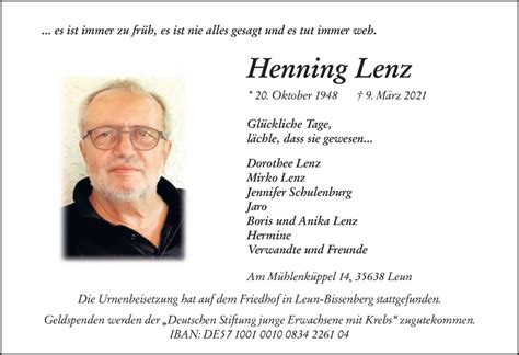 Traueranzeigen Von Henning Lenz Vrm Trauer De