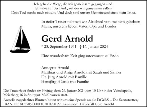 Traueranzeigen Von Gerd Arnold Stuttgart Gedenkt De