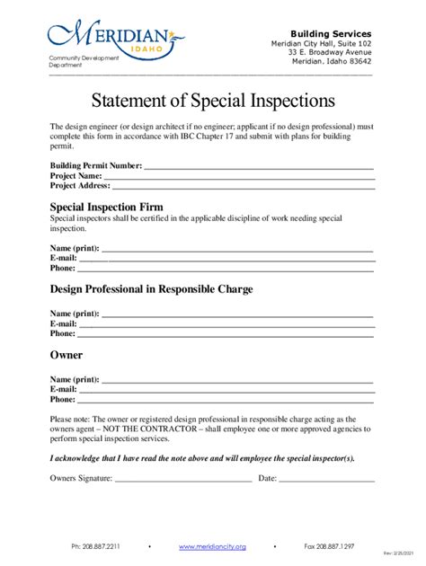 Fillable Online Meridiancity Statement Of Special Inspections