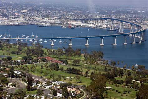 Aerial view of the beautiful San Diego Bay and Coronado Bay Bridge ...