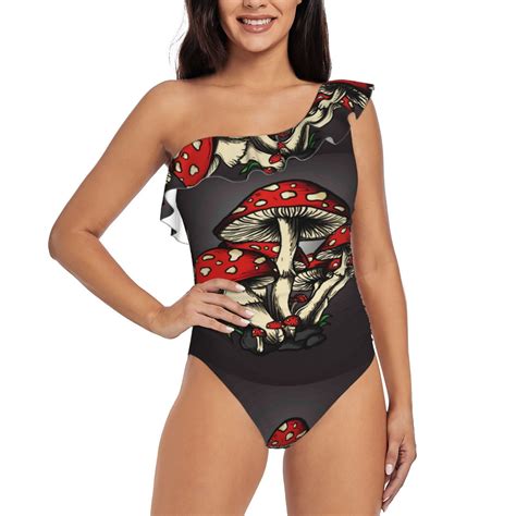 Easygdp Red Mushrooms Womens One Shoulder Ruffle Monokini Bathing