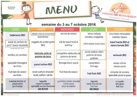 Parents d élèves école Ferdinand Buisson Menu du 3 au 7 Octobre 2016