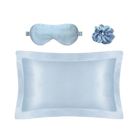 Light Blue Grade 6A Silk Sleeping Pillowcase And Eye Mask And Hair