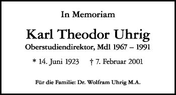 Traueranzeigen Von Karl Theodor Uhrig Schwarzw Lder Bote Trauer