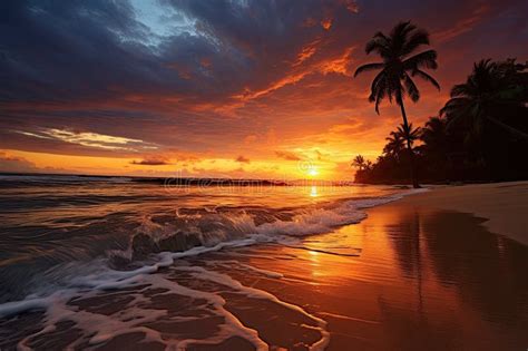 Tropical Beach with Palm Trees at Beautiful Sunset, Sri Lanka, AI ...