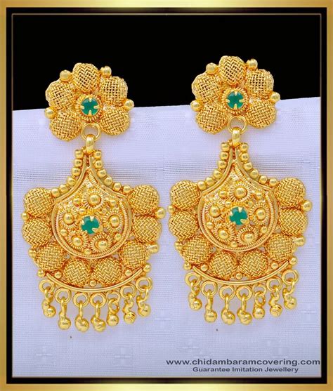 Buy New Model Light Weight Gold Plated Green Stone Dangler Earrings Design