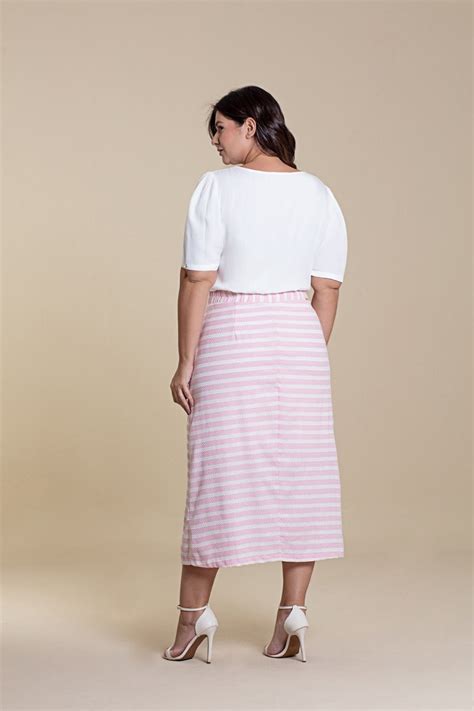 Saia Longuete Plus Size De Linho Lurex Fenda Hadaza