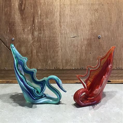 2 Vintage Art Glass Swans Murano Style Swan Figurines Clear Blue Green Orange Paperweights Etsy