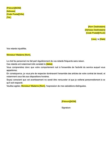 Lettre Avertissement Retard Format Word PDF