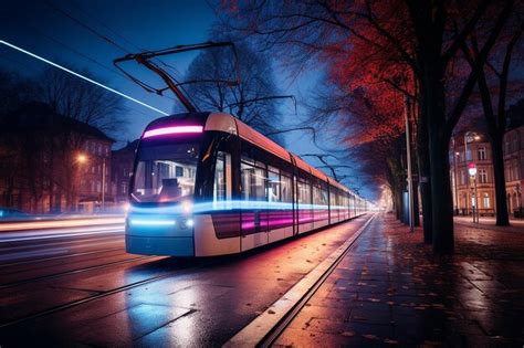 Premium AI Image | A Tram in the City under the Night Sky