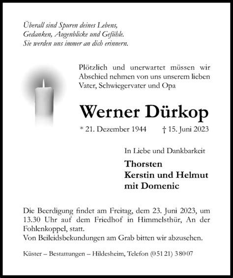 Traueranzeigen Von Werner D Rkop Trauerportal Hildesheimer Allgemeine