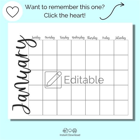 Calendar Template, Editable, 12 Month Blank Calendars, Undated, Instant