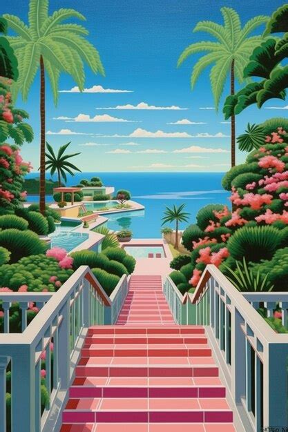 Premium Ai Image A Painting Of A Stairway Leading To A Pool And Palm