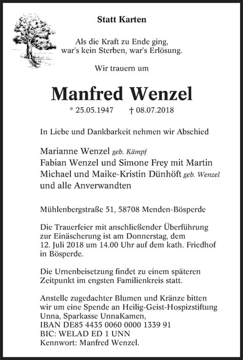 Traueranzeigen Von Manfred Wenzel Trauer In Nrw De