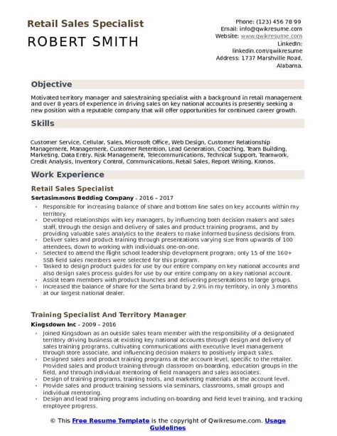 Retail Sales Specialist Resume Samples Qwikresume