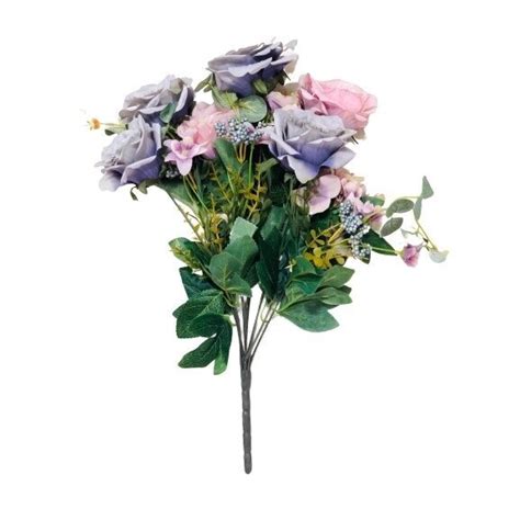 Buchet Flori Artificiale Mix Trandafiri Si Hortensie Albastru 55 Cm