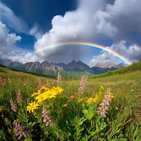 Vibrant Rainbow Over Wildflowers And Blue Mountains Stock Illustration