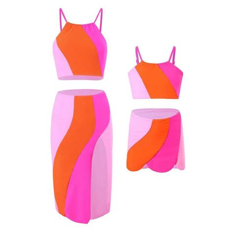 Mother And Daughter Vibrant Two Piece Swimsuit Set With Flowing Skirt Ma