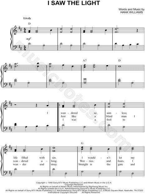 Hank Williams I Saw The Light Sheet Music Easy Piano In D Major Transposable Download