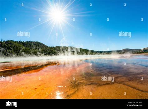 Steaming Hot Spring With Sun Star Colored Mineral Deposits Grand Prismatic Spring Midway