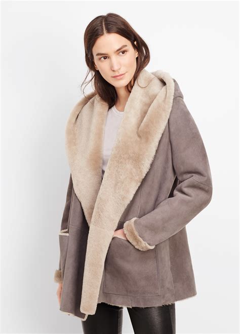 Lyst Vince Shearling Drape Coat With Hood In Gray