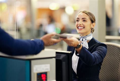 Woman Airport And Passenger Assistant With Passport Helping Traveler For Check In At Terminal