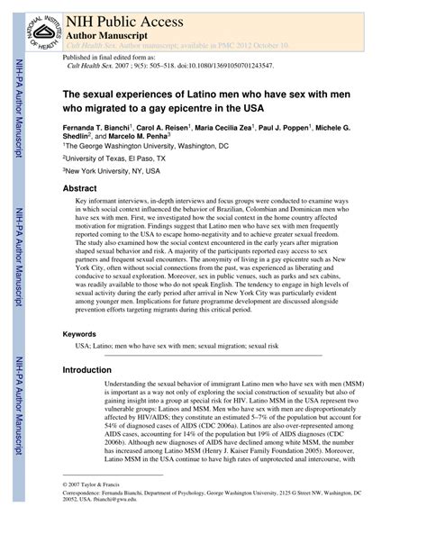 Pdf The Sexual Experiences Of Latino Men Who Have Sex With Men Who Migrated To A Gay Epicentre