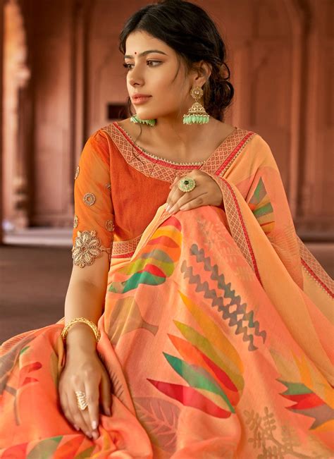 Silk Floral Print Peach Printed Saree Buy Online