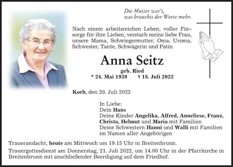 Traueranzeigen von Anna Seitz Allgäuer Zeitung