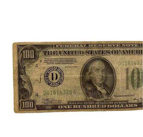 1934 D One Hundred Dollar Bill Antique 100 Dollar Bill Federal Reserve ...