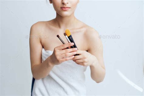 Pretty Woman Naked Shoulders Cosmetics Makeup Brushes Care Stock Photo