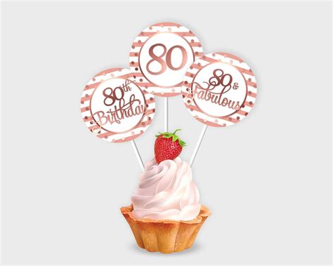 80th Birthday Cupcake Toppers Party Circle Pink And Rose Gold Stripes