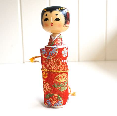 Japanese Wooden Kokeshi Doll With Fabrlc Kimono Scroll