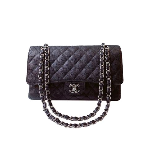 BLACK CAVIAR LEATHER MEDIUM CLASSIC DOUBLE FLAP SHW BAG - styleforless